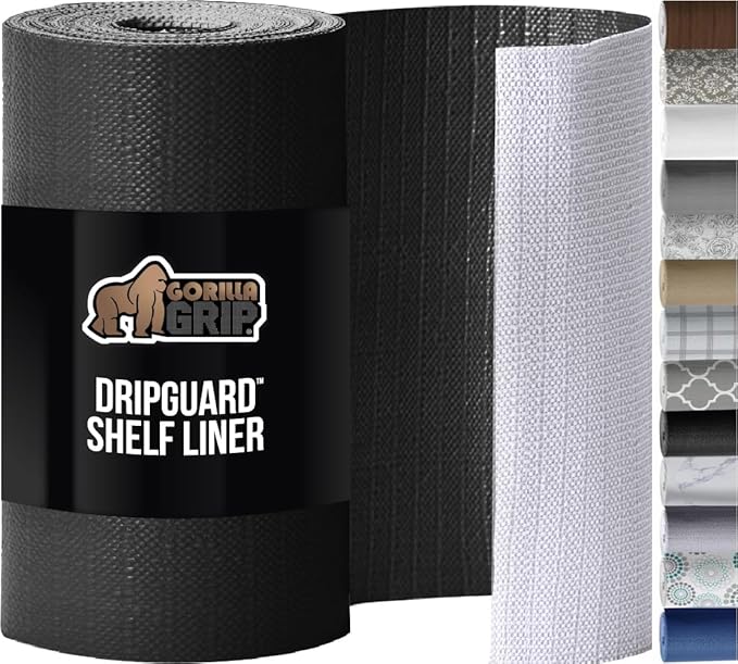 GORILLA GRIP DripGuard Shelf Liner, Non-Adhesive Drawer and Kitchen Cabinet Protector, Strong Grip Slip Resistant Underside, Smooth Surface Liners for Cabinets, Bathroom Closets, 17.5x240 Inch, Black by GorillaGrip