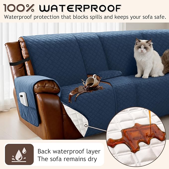 Arfntevss Waterproof Recliner Sectional Couch Covers for Reclining L Shape Sofa Cover Non Slip Washable L Shaped Slipcover Sets for Dog Furniture Protector (5 Seat with 1 Console Cover, Dark Blue) - Image 2