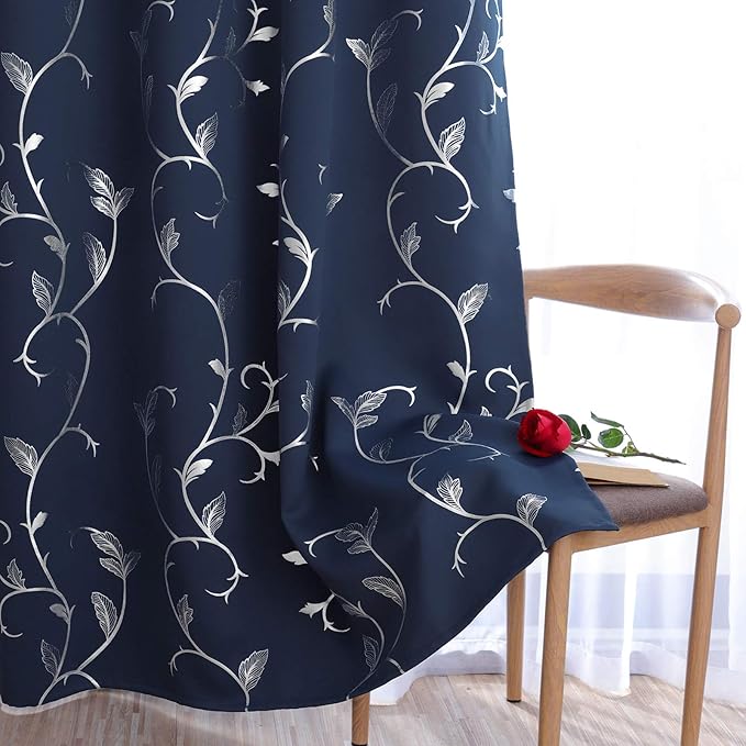 BUHUA Blackout Curtains 84 Inch Length 2 Panels Thermal Insulated Window Treatment for Bedroom Grommet Room Darkening Curtains with Wave Vine Printed (52 x 84 Inch, Navy Blue) - Image 4