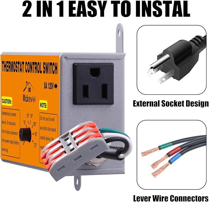 Attic Fan Thermostat-Control: with Socket and Wire Connector, Can Be Connected to Two Fans, Replacement Thermostat with Overload Protector, Temperature Controlled Exhaust Fan for Workshop, Greenhouse - Image 2