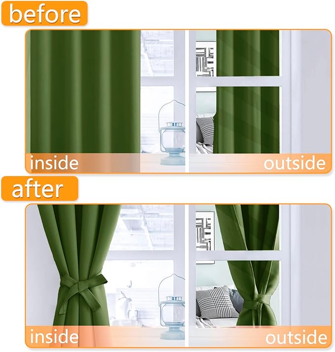 Hiasan Blackout Curtains for Bedroom, 52 x 63 Inches Length - Thermal Insulated & Energy Saving Window Curtains for Living Room, 2 Drape Panels Sewn with Tiebacks, Olive Green - Image 4