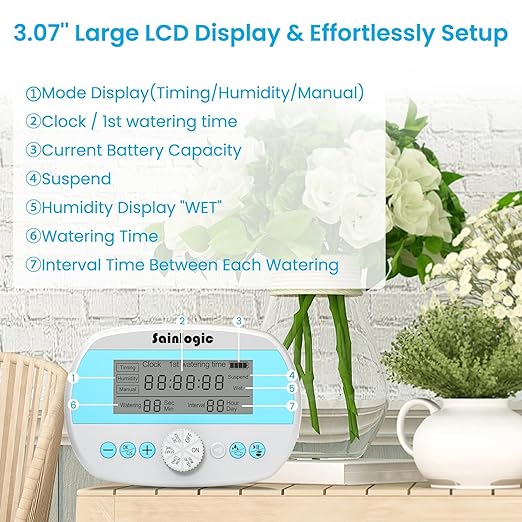 Sainlogic Automatic Plant Waterer for 15 Potted Plants, Smart Self Watering System with Humidity Monitor Display，Deep Root Irrigation, IP64 Programmable Timer for Vacation, Travel, Indoor Garden - Image 5