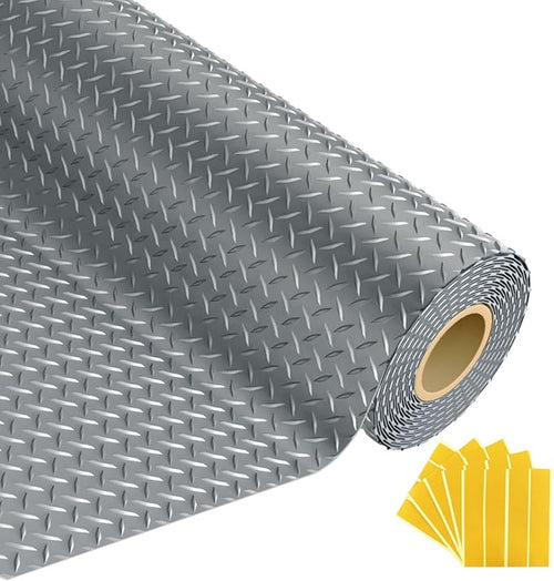 10x25 FT Garage Floor Mat, 2.8mm Thickened Flooring Roll for Under Car Diamond Plate PVC Rubber Mat with 20 Pcs Tapes, Non-Slip Floor Mat for Garage, Warehouse, Gyms, Trailer, Gray by GrandroadAuto