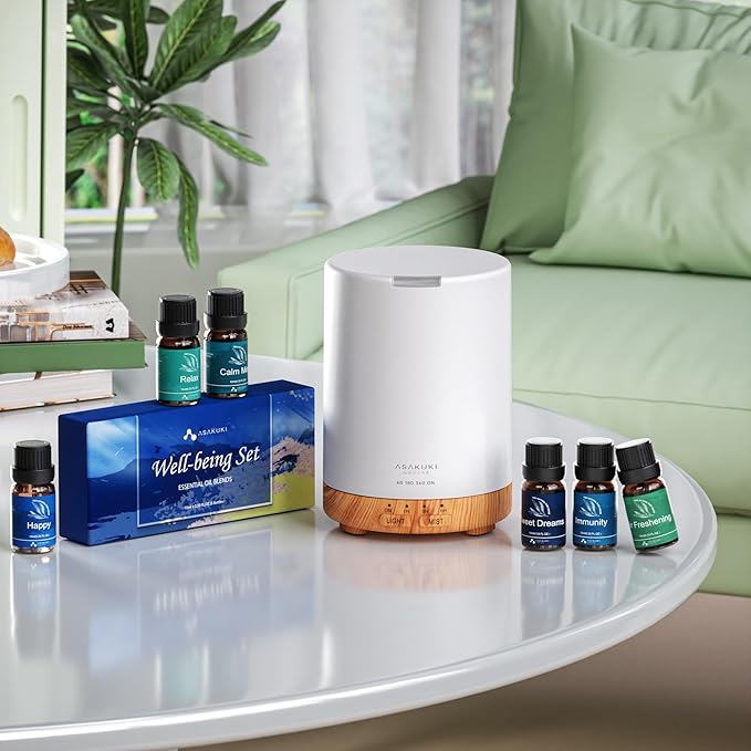 ASAKUKI Essential Oil Diffuser, Aromatherapy Cool Mist Home Humidifier with 7 LED Color Changing Light and Auto-Off Safety Switch, 6 Essential Oils Set, 300ml (Brown with Oils) - Image 7