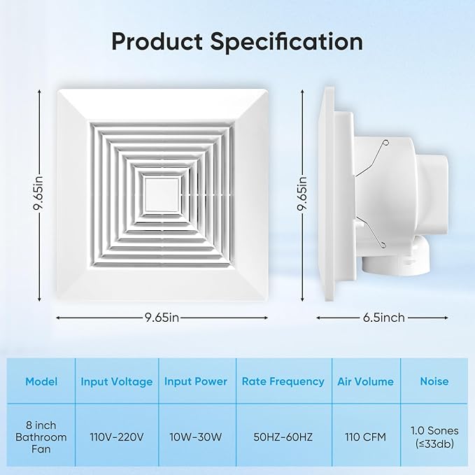 8 Inch Bathroom Exhaust Fan, Square 110 CFM 1.0 Sones Ultra Quiet Bathroom Vent Fan for Ceiling Mount, 110V-220V Bath Vent Extractor for 8.07" Ceiling Opening - Image 2