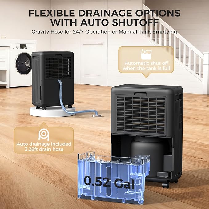 2000 Sq.Ft Dehumidifier for Basement, 30 Pints Portable Dehumidifier for Home with Drain Hose, 0.52 Gal Water Tank, Intelligent Humidity Control Auto Shut Off for Bathroom, Laundry, RV, Office - Image 6