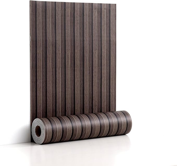 Peel and Stick PVC Slat Wall Panels, Wood Grain Self-Adhesive Soundproof Moisture-Resistant Paneling, 3D Faux Wood Panels for Bedroom Bathroom Walls & Ceilings 118"x15.75"(Dark Walnut,13Sq.ft) by LVSHI