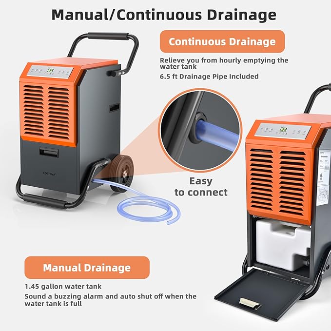 COSTWAY 163 Pints Commercial Dehumidifier, 4500 Sq.Ft Crawl Space Dehumidifier with Drain Hose, 24H Timer, for Basement, Warehouse, Job Site (Orange) - Image 5