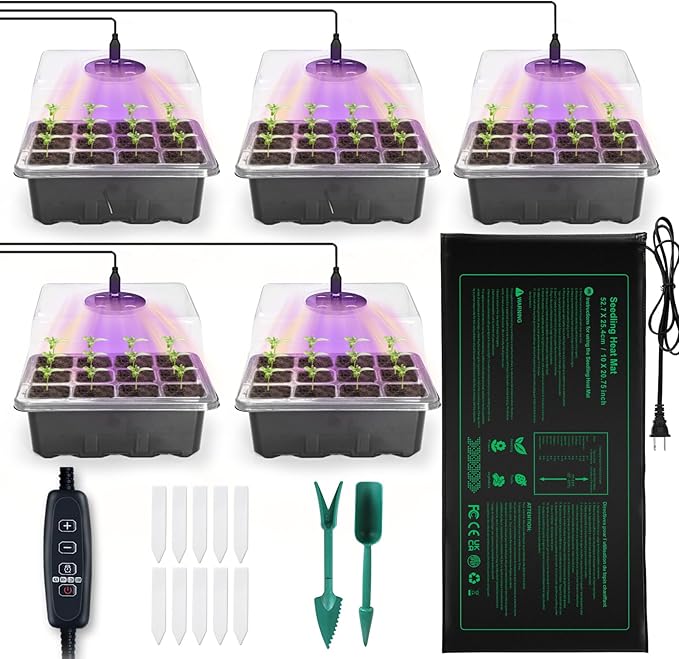 NAMOTEK 5 Pack Seed Starter Tray with Heat Mat and Grow Light Humidity Domes, 60 Cell Trays Germination Station Cloning Kit by NAMOTEK