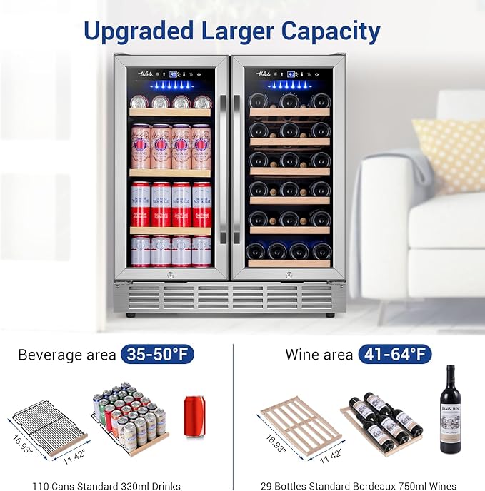 Wine and Beverage Refrigerator 30 Inch, Upgrade Dual Zone Wine Cooler, 30'' Wine beverage Fridge Built in or Freestanding Under Counter Large Capacity Glass Door Advanced Cooling System - Image 5