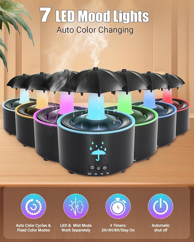 Aesthetic 2-in-1 Humidifier Oil Diffuser with Rotating Raindrop & 7 LED Mood Lights,Cool Mist Humidifier Quiet Variable Mist for up to 24 Hrs,Easy to Fill & Clean, Auto Shut-Off - Image 6