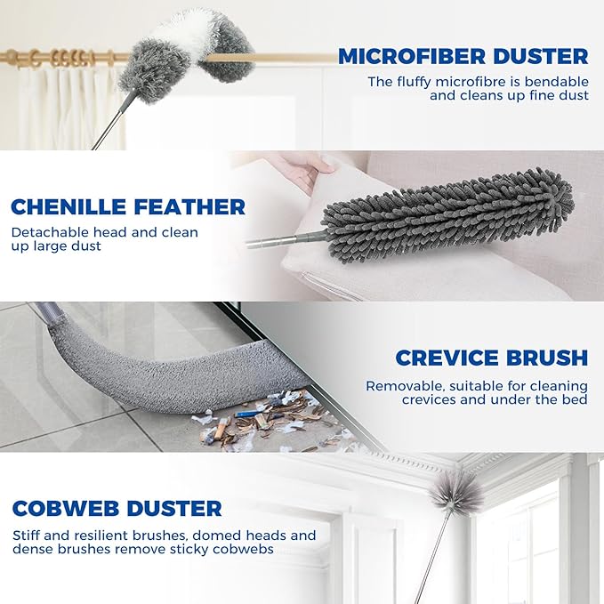 9Pcs Dusters for Cleaning Kit, Extendable Microfiber Duster Tools with 100" Long Pole, Retractable Gap Bendable Dust Cleaner, Reusable Washable Cleaning Supplie for Ceiling Fan Furniture Cars and Home - Image 4