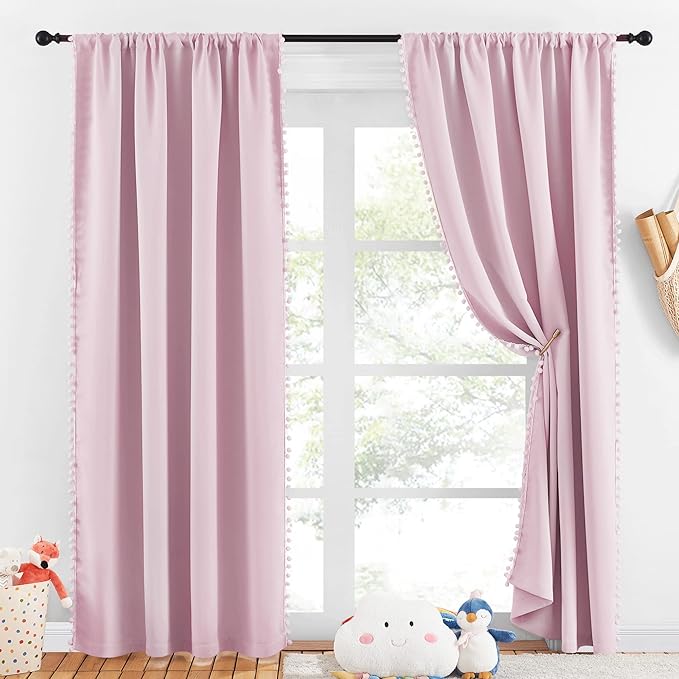 NICETOWN Pom Pom Blackout Curtains for Girls Bedroom Boho Pink Window Curtains for Nursery Rod Pocket Thermal Insulated Living Room Darkening Curtain Panels for Play Room, 52" W x 84" L, 2 Panels - Image 2