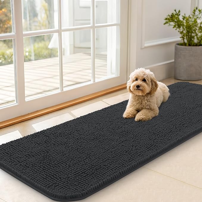 OLANLY Dog Door Mat for Muddy Paws 59x20, Absorbs Moisture and Dirt, Absorbent Non-Slip Washable Doormat, Quick Dry Chenille Mud Mat for Dogs, Entry Indoor Entryway Carpet for Inside Floor, Dark Grey by OLANLY