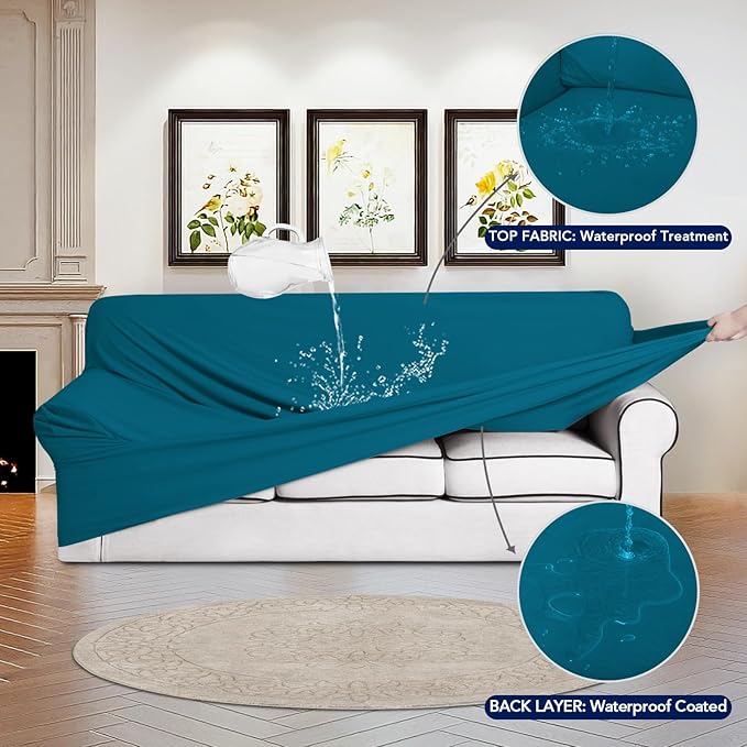 PureFit 100% Dual Waterproof Couch Cover Slipcovers for Couches and Sofas - Stretch Non Slip Fleece Sofa Covers Washable, Leakproof Furniture Protector for Kids, Pets, Dog (Sofa, Peacock Blue) - Image 3