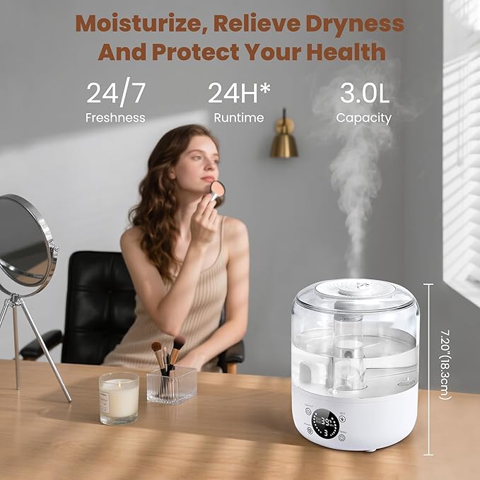 Humidifiers for Bedroom Baby, QWUE Top Fill 3L Humidifier Large Room, Easy to Fill & Clean, 28dB Quiet Cool Mist Air Humidifier for Plants, Home, Nursery, Allergy Relief, Auto Shut-off and BPA-Free - Image 7