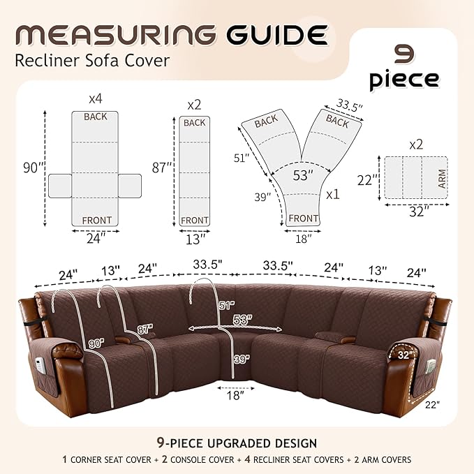 Arfntevss Waterproof Recliner Sectional Couch Covers for Reclining L Shape Sofa Cover Non Slip Washable L Shaped Slipcover Sets for Dog Furniture Protector (5 Seat with 2 Console Cover, Dark Brown) - Image 5