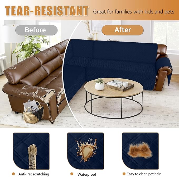 Arfntevss Waterproof Sectional Couch Covers L Shape Washable Velvet Sofa Cover for Sectional Non Slip Large Corner Slipcovers Dog 6 Pcs Universal U Shaped Furniture Protector (Navy Blue, XX-Large) - Image 7