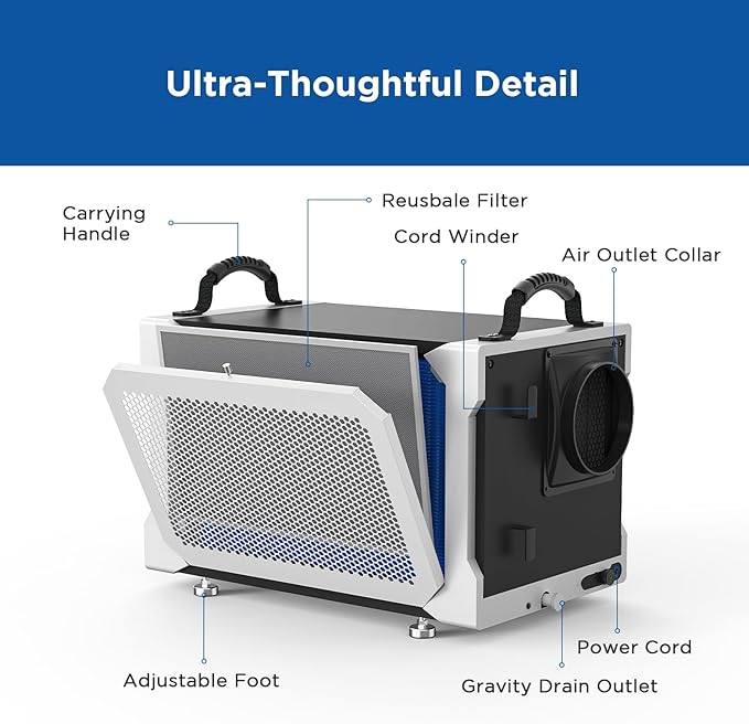 155 Pint Commercial Dehumidifier with Drain Hose for Crawl Spaces, Basements, Industry Water Damage Unit, Large Capacity, Compact, Portable, Auto Defrost, Memory Starting - Image 6