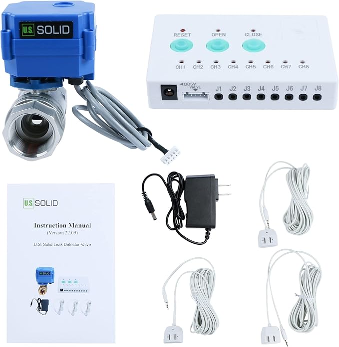 U.S. Solid Water Leak Detector - Water Alarm Leak Detect System with 1” Automatic Shut-Off NSF Certified 304SS Motorized Ball Valve, Controller and 3 Sensors and Sound Alarm by USSolid