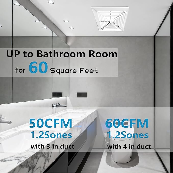 Bathroom Exhaust Fan 50 CFM,1.2 Sone, 3&4-Inch Duct Included, No Attic Access Needed, Energy Star, Easy to Install,Ceiling or Wall Mounted, Classic White Grille - Image 4