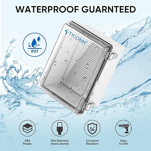 TICONN Outdoor Electrical Box Waterproof, Junction Box IP67 ABS Plastic Enclosure with Hinged Cover with Mounting Plate, Wall Brackets, Cable Glands (Clear, 8.7"x6.7"x4.3") - Image 2