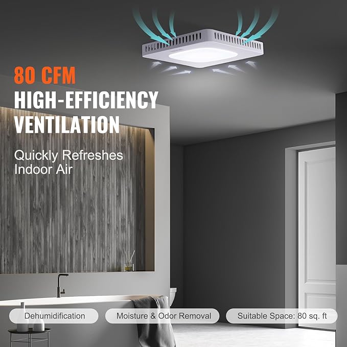 VEVOR Bathroom Exhaust Fan, 80 CFM High-Efficiency Ventilation, 1.5sones Low Noise Operation All-Copper Motor, Remote Control, Energy-Saving Bathroom Ceiling Fan, Attic Access Needed - Image 5