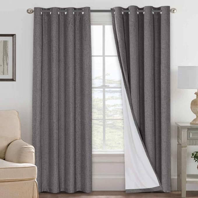 H.VERSAILTEX Linen Blackout Curtains 108 Inches Long 100% Absolutely Blackout Thermal Insulated Textured Linen Look Curtain Draperies Anti-Rust Grommet, Energy Saving with White Liner, 2 Panels, Grey by HVERSAILTEX