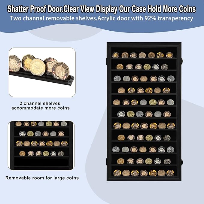 Jinchuan Military Challenge Coin Display Case Lockable Cabinet Holder Shadow Box with Removable 2 Grooves Shelves and Anti Fade Acrylic Glass for Casino Poker Chips Collectibles, Extra Large - Black - Image 3