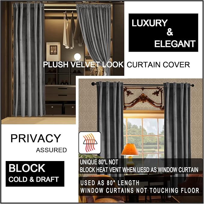 XTMYI Grey Velvet Privacy Room Divider Curtains for Room Separation,Back Tab Door Folding Screen Hanging Indoor Doorway 60-70% Soundproof Curtain for Office Partition Living Room Bedroom Window,Gray - Image 3