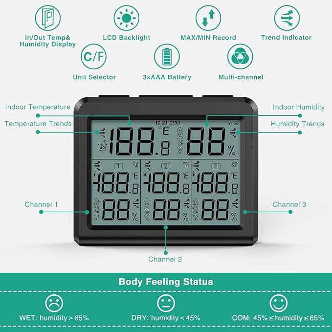 ORIA Indoor Outdoor Thermometer, Digital Hygrometer Thermometer with 3 Wireless Sensors, Temperature Humidity Monitor Meter with LCD Backlight, for Home, Office, Bedroom, Black - Image 5
