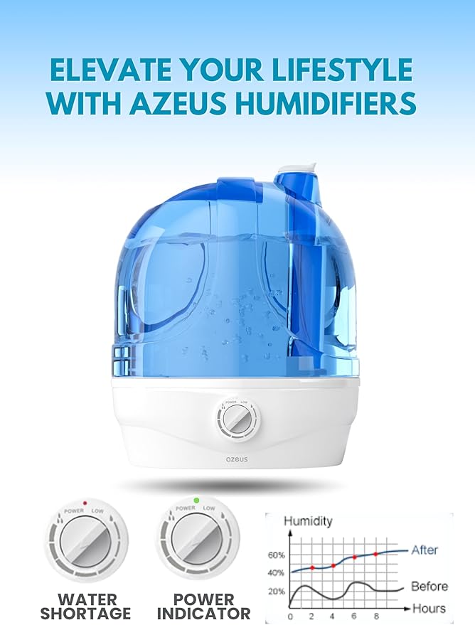AZEUS 2.8L Large Capacity Ultrasonic Cool Mist Humidifier - Powerful Moisture Control for Comfortable Spaces, Lasts up to 30 Hours, Auto Shut-Off (BPA-Free) - Image 3