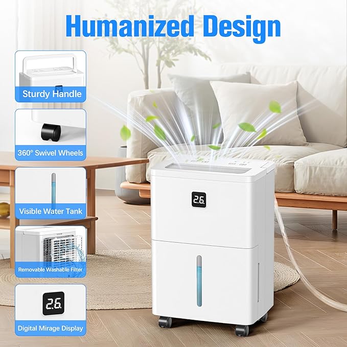 DEVERSE Max 25 Pints Dehumidifier for Home/Bedroom/Basement, 3000 Sq.Ft Coverage, with Drain Hose, Smart Humidity Control & Large Tank - Image 6