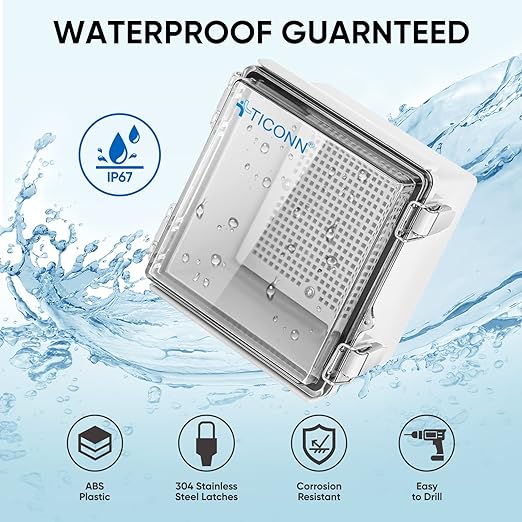 TICONN Waterproof Electrical Junction Box IP67 ABS Plastic Enclosure with Hinged Cover with Mounting Plate, Wall Brackets, Cable Glands (Clear, 5.9"x5.9"x3.5") - Image 2