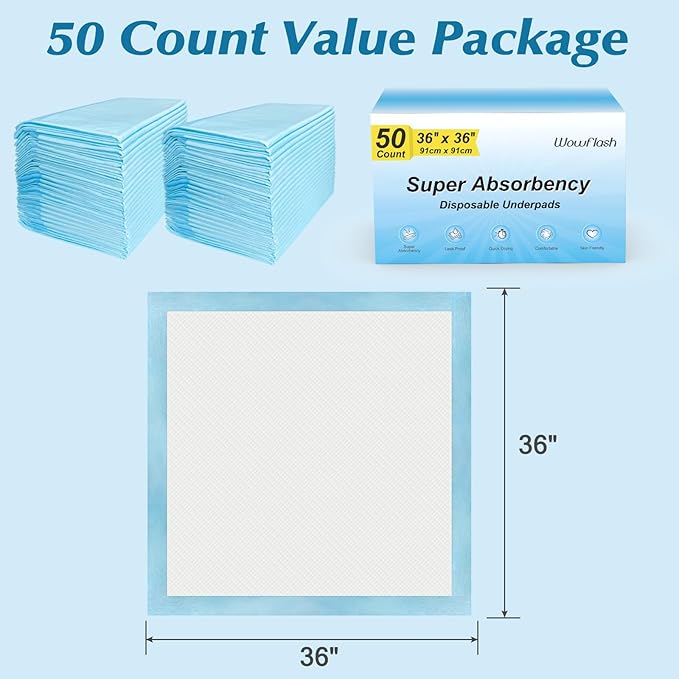 50 Count 36" x 36" Super Absorbency Disposable Underpads - Leakproof Quick Drying Pads for Baby, Puppy & Adults, Bed Pads, Incontinence & Dog Pee - Image 7