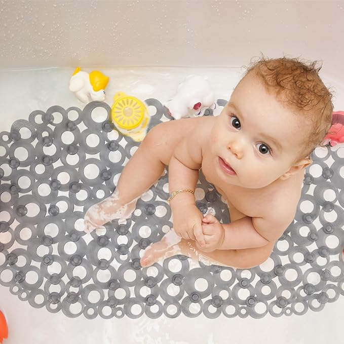 WELTRXE Oval Bathtub Mat Non Slip, Grey Bubbles Bath Mats for Tub, Shower Mat with Drain Holes, Suction Cups, Machine Washable Bath Tub Mat, BPA, Latex, Phthalate Free for Bathroom, 27 x 14 Inch - Image 5