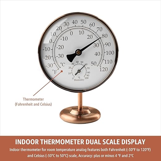4-Inch Indoor Thermometer and Humidity Gauge, Room Analog Temperature and Humidity Monitor, Dual Scale Display, Brass Dial with Stand, Battery-Free for House, Home, Desk, Bedroom, Garage, RV - Image 3