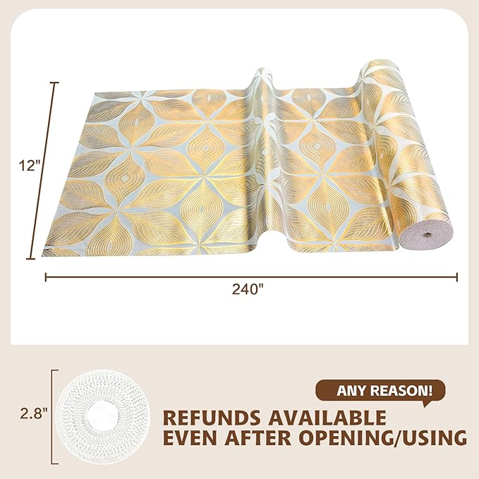 Drawer and Shelf Liner for Kitchen Cabinet,Non-Adhesive Waterproof Drawer Liner for Dresser & Bathroom Vanities with Adhesive Dots & Cutting Tool(12 in X 30 Ft Gold Leaf Pattern) - Image 5