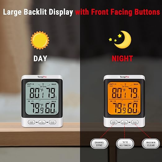 TempPro Indoor Outdoor Thermometer Wireless, 500 ft Outside Thermometer with Cold-Resistant Sensor, Outdoor Thermometer Waterproof for Patio with 3.3" LCD Backlit Display (Previously ThermoPro) - Image 4