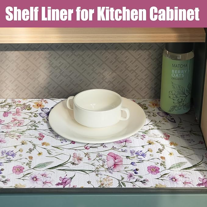 Drawer and Shelf Liner for Kitchen Cabinets,Non-Adhesive Drawer Liner,Non-Slip Floral Shelf Liners,Strong Grip Waterproof Easy to Clean Cabinet Liners for Drawers Cupboard Shelves 12IN×10FT - Image 6