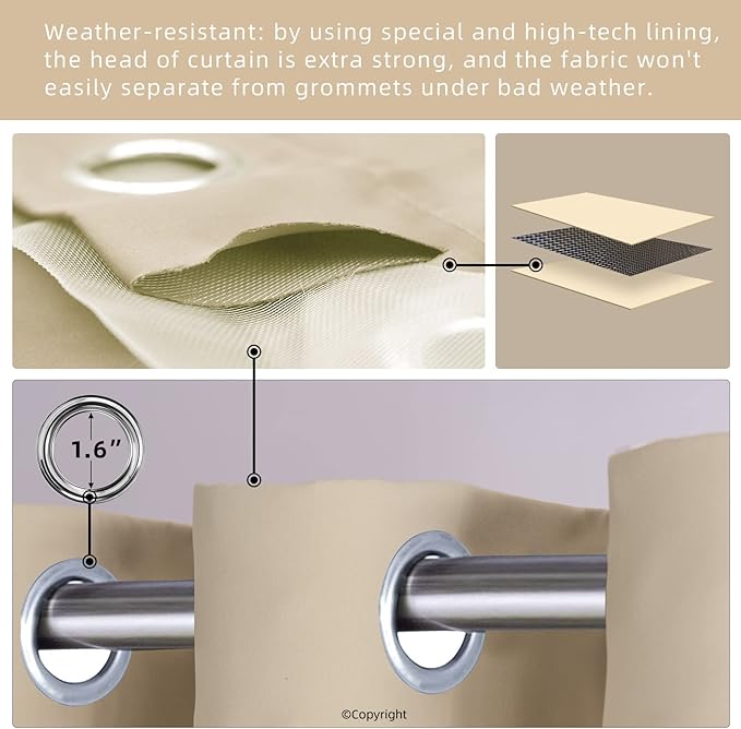 DIVA EN CAMINO DEC Waterproof Outdoor Curtain W105 x L84 - Grommet Top Sunlight Blocking Window Treatment Drapes Blackout Curtains for Home Bedroom Living Room Outdoor Patio Porch (Beige, 2 Panels) - Image 3