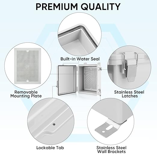 TICONN Outdoor Electrical Box Waterproof, Junction Box IP67 ABS Plastic Enclosure with Hinged Cover with Mounting Plate, Wall Brackets, Cable Glands (Off-White, 15.7"x11.8"x7.1") - Image 4