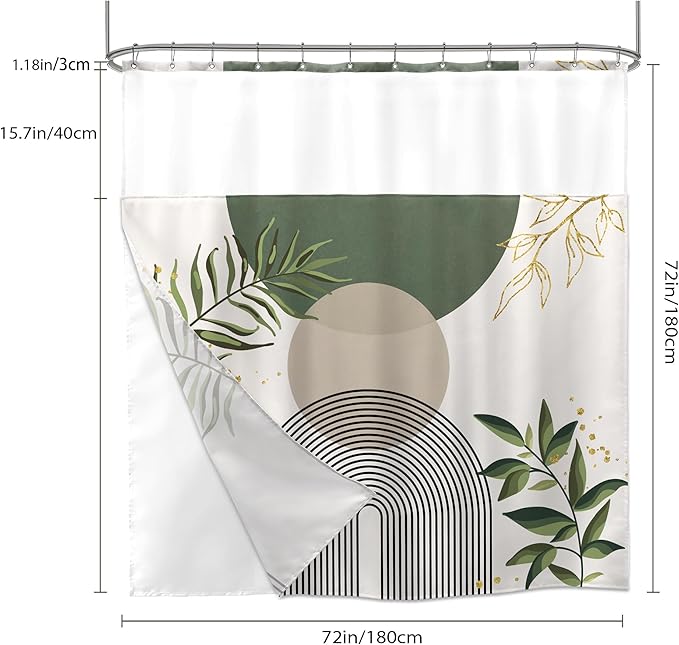 Sage Green Boho Shower Curtain with Snap in Liner Modern Mid Century Abstract Minimalist Gold Leaves Plant Sun Geometric Arch 72Wx72H Bathroom Decor Bath Curtain Fabric Polyester 12 Pack Hooks - Image 6