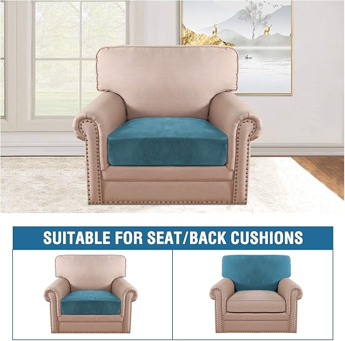 H.VERSAILTEX Velvet Stretch Couch Cushion Cover Plush Cushion Slipcover for Chair Cushion Furniture Protector Seat Cushion Sofa Cover (1 Piece Armchair Cushion Covers, Peacock Blue) - Image 3