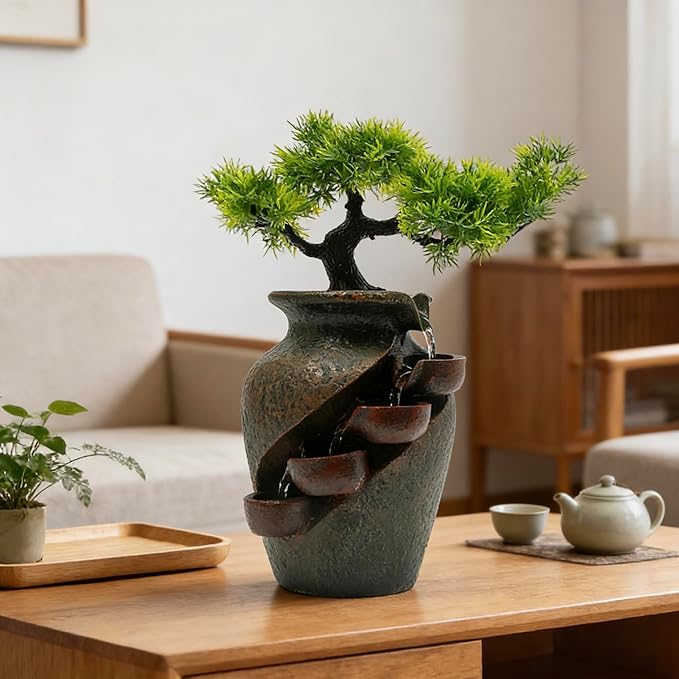 8.7inch Vase Type Artificial Bonsai Tree Fake Plant Mini Tabletop Waterfall Fountain with Water Flow, Indoor Desktop Decoration for Office Restaurant Coffee Home Decor or Festival Birthday Surprise - Image 9