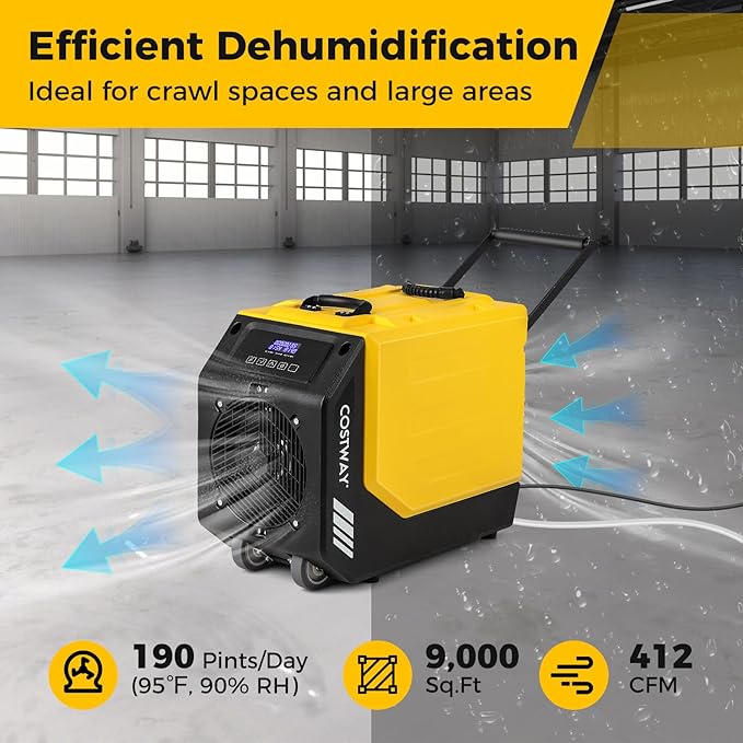 COSTWAY 190 PPD Commercial Dehumidifier with Pump, Rotational Molded Crawl Space Dehumidifier with 26Ft Drain Hose for Water Damage Restoration, Basement (Yellow) - Image 3