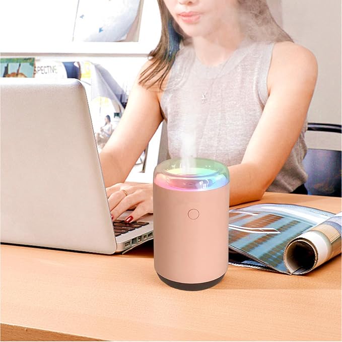 Portable Desk Car Mini Humidifier with Colorful Light, 2 Light Modes, Quiet Personal Ultrasonic Humidifier for Desktop, Bedroom, Car, Travel, Plant (Pink) - Image 2
