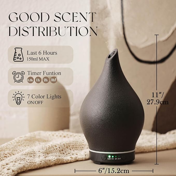Porseme 150ml Essential Oil Diffuser Ceramic Color Changing Aroma Air Diffusers Aromatherapy Ultrasonic Cool Mist Humidifier 6 Running Hours for Spa Office Sleeping Yoga (Black Ceramic) - Image 2