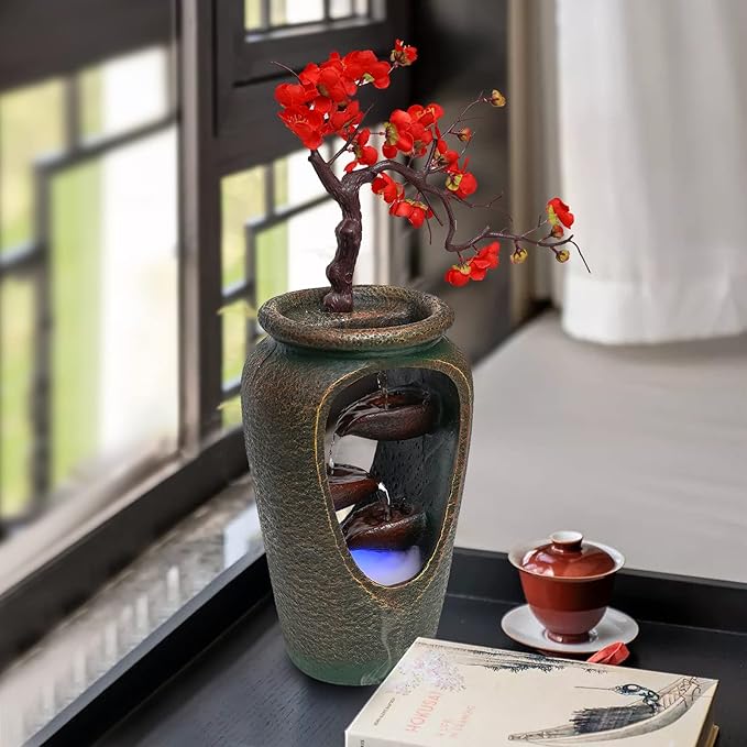 20Inch Tabletop Decorative Flower Vase Style Bonsai Waterfall Fountain Humidifier with LED Lights and Atomizer, Desktop Water Fountains for Any Dining Room, Living Room, Bedroom, Cafe Or Office by kunghei