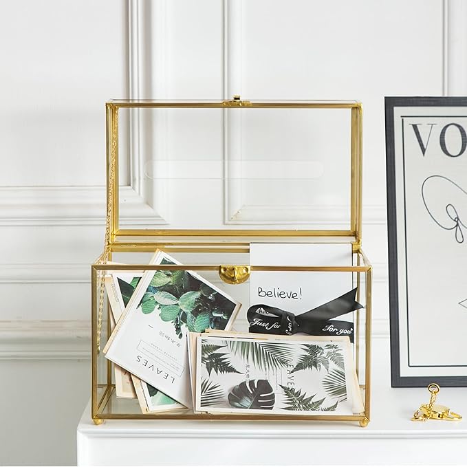Glass Wedding Card Box with Slot, 10.2 inch Clear Card Box Gold Brass Gift Card Storage Box with Lock Perfect for Wedding Receptions, Baby Shower, Birthday Party, Bridal Shower - Image 5